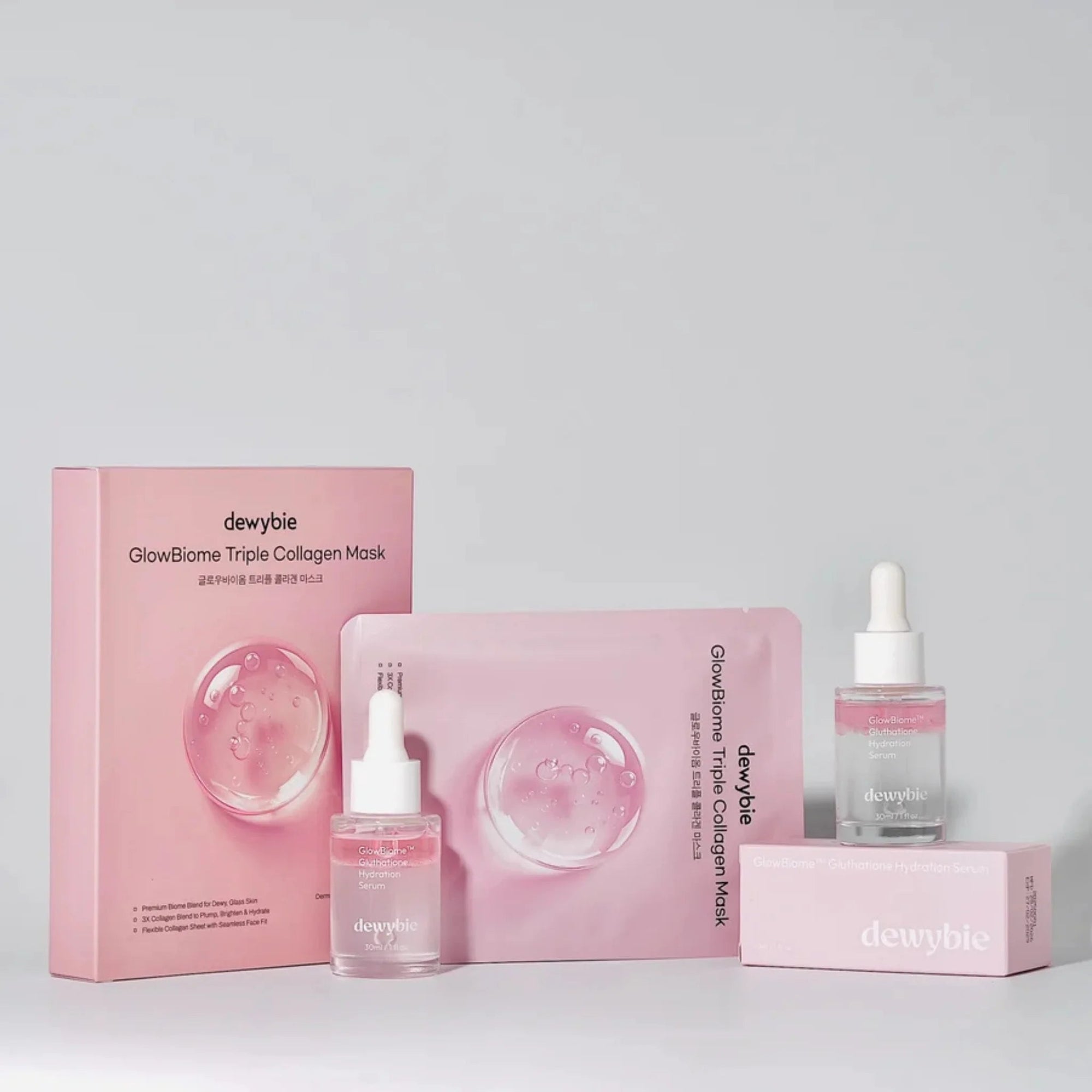 DEWYBIE GLOW SET - GLOWBIOME™ SERUM &amp; TRIPLE COLLAGEN MASKS BUNDLE - SQOON
