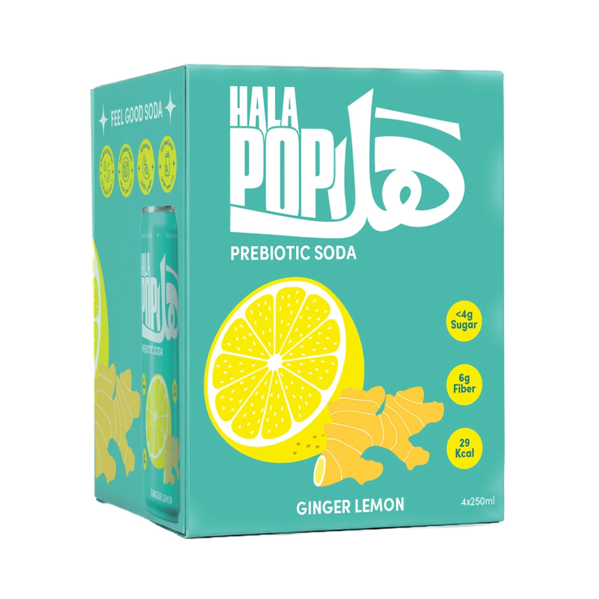 HALAPOP PREBIOTIC SODA - GINGER LEMON (4x 250ml PACK) - SQOON