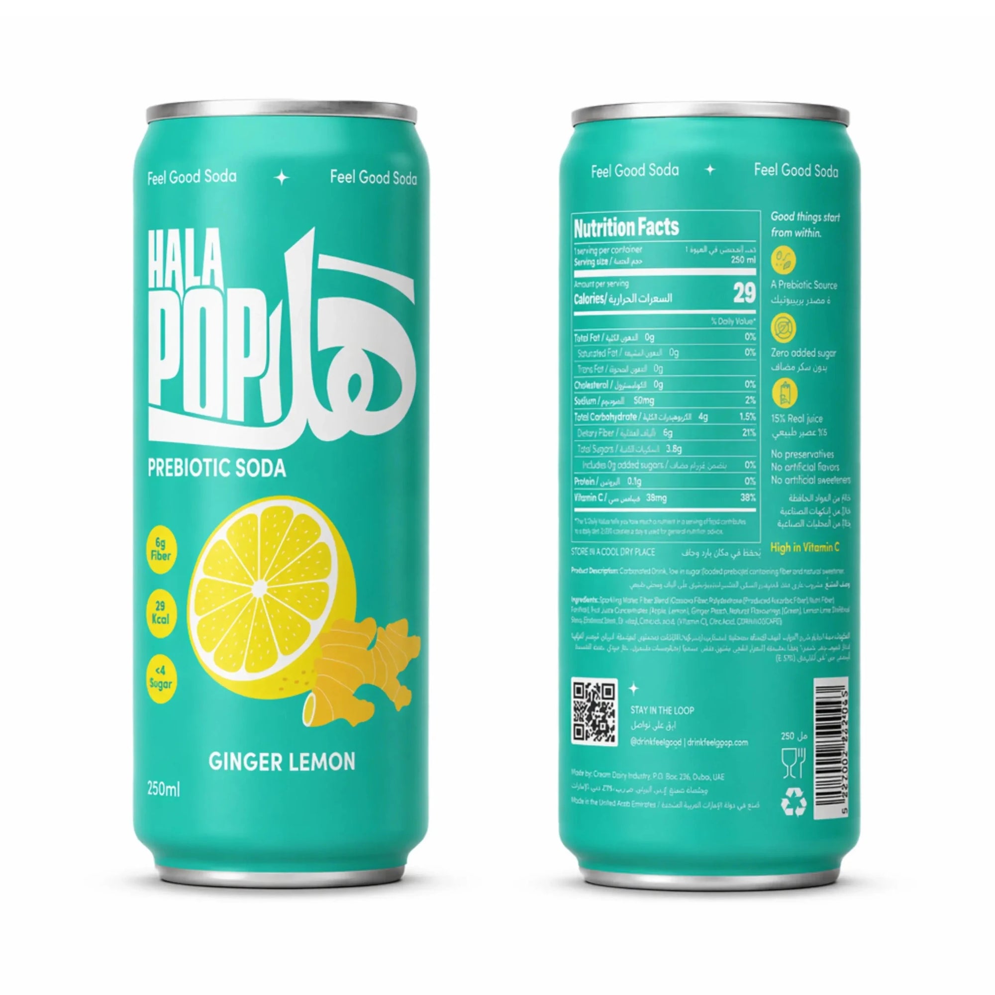 HALAPOP PREBIOTIC SODA - GINGER LEMON (4x 250ml PACK) - SQOON