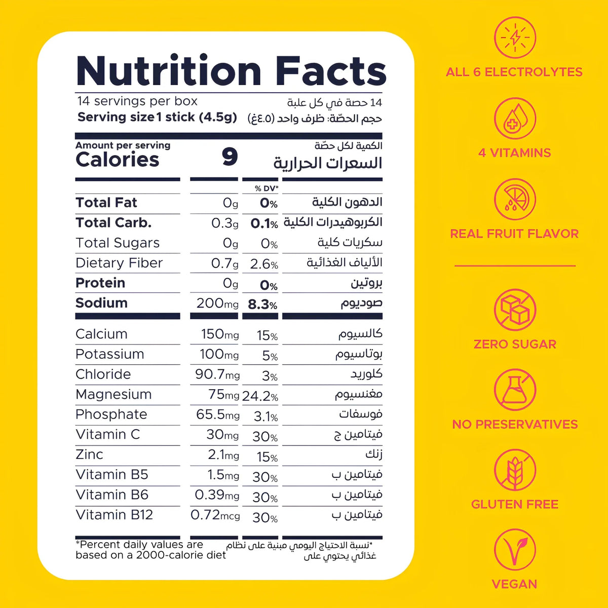 ONESHOT Hydrate Grapefruit Snap (14 Sticks), nutrition facts label with dietary badges