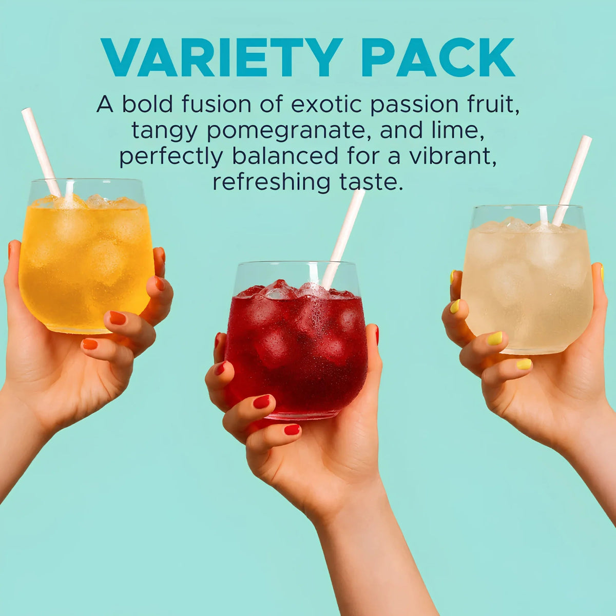 ONESHOT Hydrate Variety Pack (30 Sticks), three hands raising iced drinks in different colours