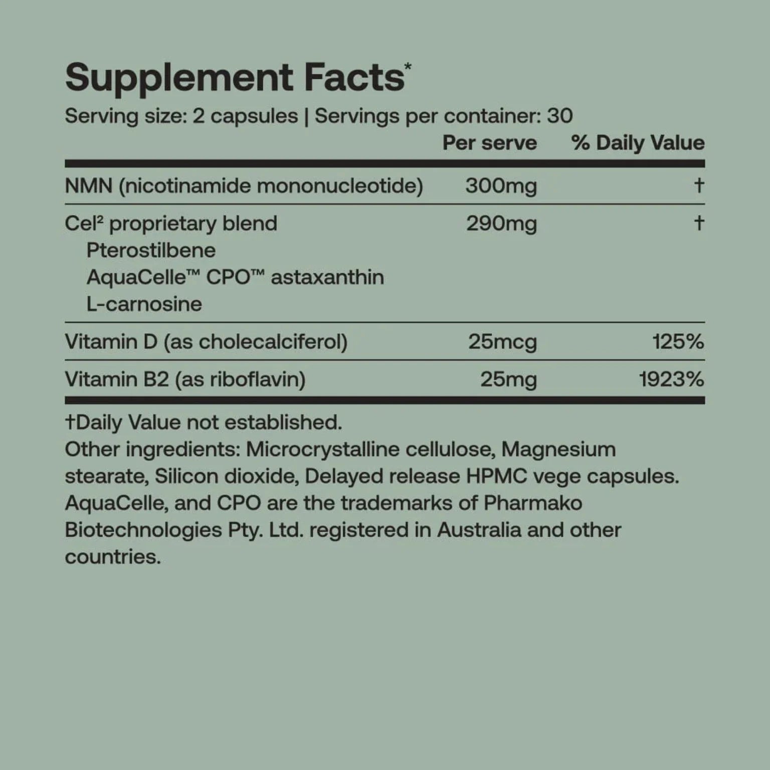 Supplement facts label with detailed nutritional information on a green background
