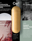 Delayed release vege capsule with information about Nicotinamide Mononucleotide (NMN), Pterostilbene, and Astaxanthin on a black background.