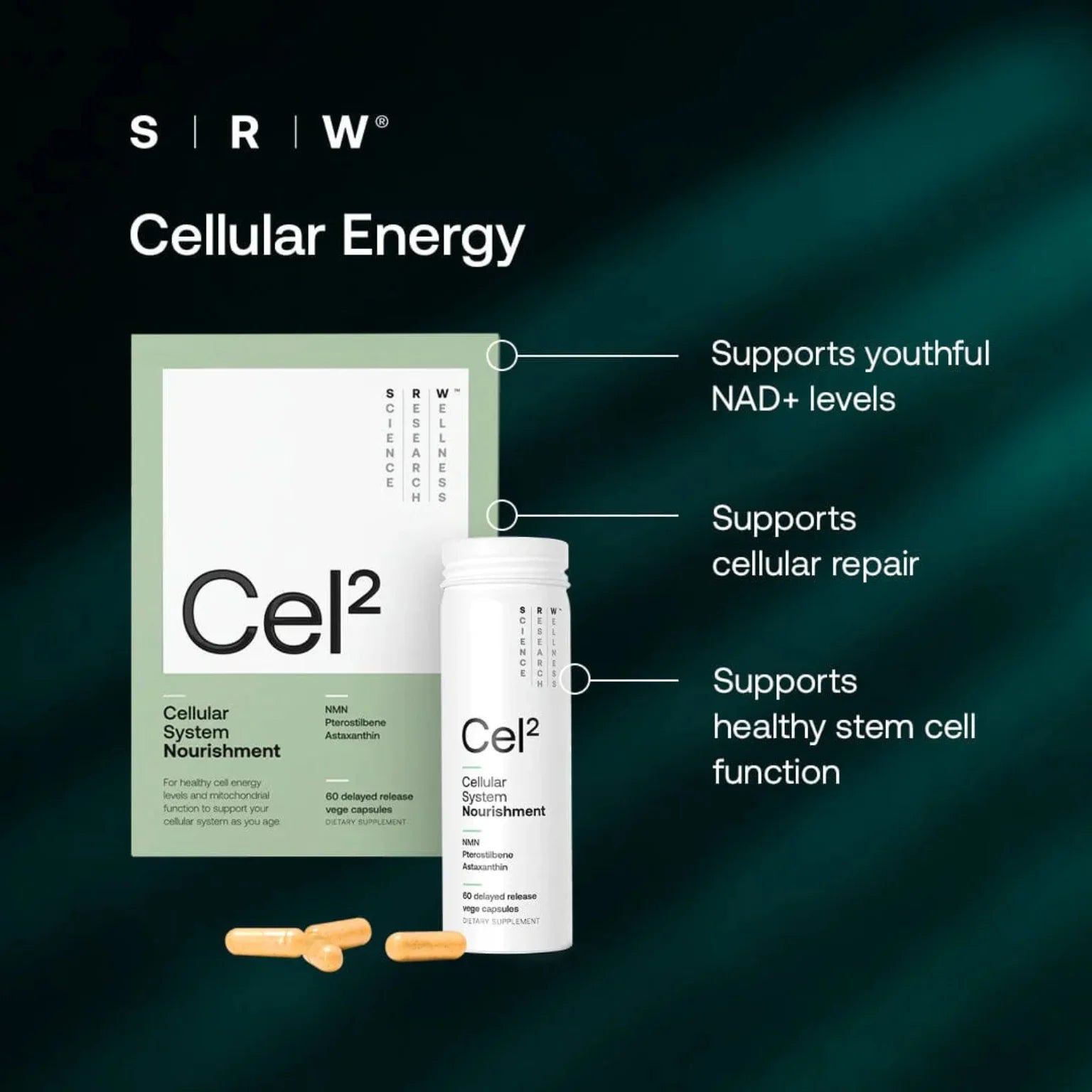 SRW Cel2 supplement packaging with text on a dark green background