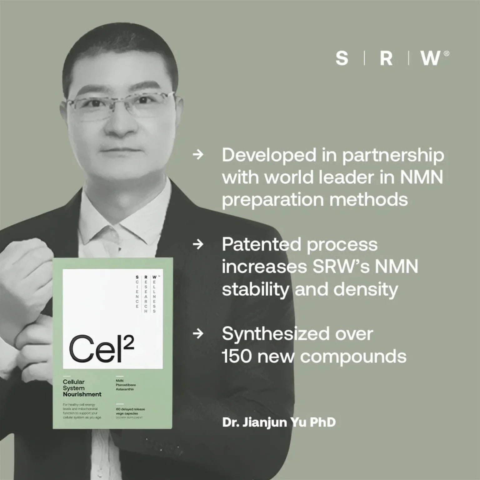 Man holding a product with text about SRW&#39;s partnership and innovations in NMN preparation.